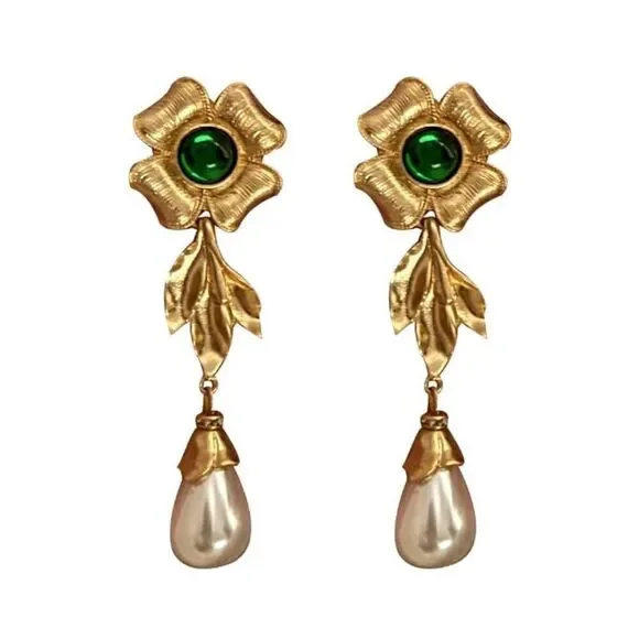 Gold flower dangle earrings N175 - Picture 1 of 7